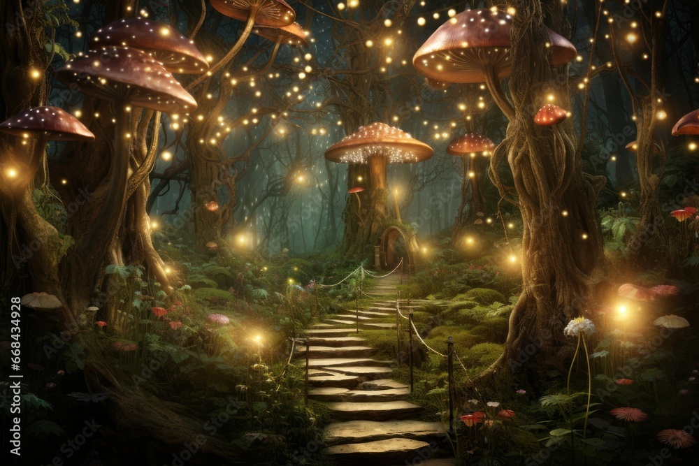 Whimsical enchanted forest with sparkling fairy lights.
