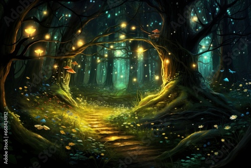 Whimsical forest glade illuminated by fireflies.