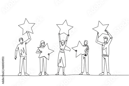 Single continuous line drawing a group of women and men raised their respective stars. Give positive feedback and the best review. 5 star. Online shop. E-commerce. One line design vector illustration