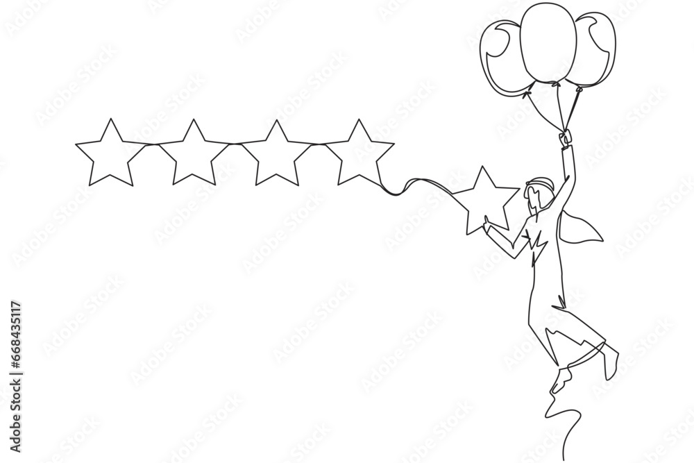 Continuous one line drawing young Arabian man flying with  balloon carry 1 star and wants to align it with the other 4 stars. Trying to give perfect rating. Single line draw design vector illustration