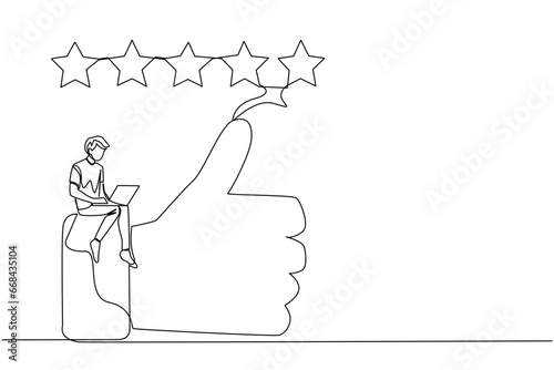 Single one line drawing young smiling man sitting on thumbs up typing on laptop computer. Happy satisfied man giving five gold stars. Online shop review. Continuous line design graphic illustration