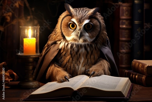 Wise old owl reading a book by candlelight, glasses perched on its beak.