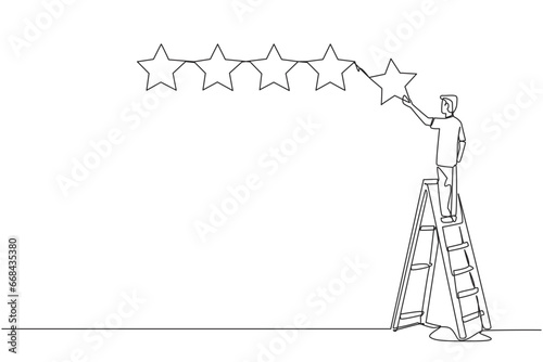 Single one line drawing young energetic happy man climbs a ladder carrying 1 star, making it 5 stars in a row. Give very good recommendation to the seller. Continuous line design graphic illustration