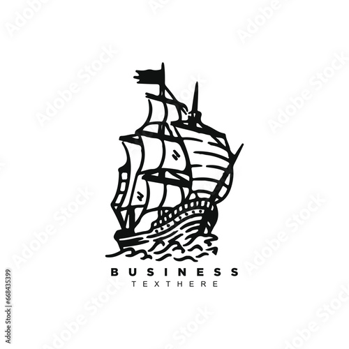 Vintage retro line art sailing ship logo design emblem badge