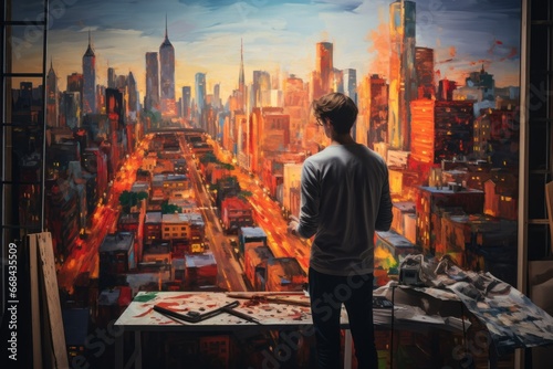 Young artist painting a vibrant cityscape.