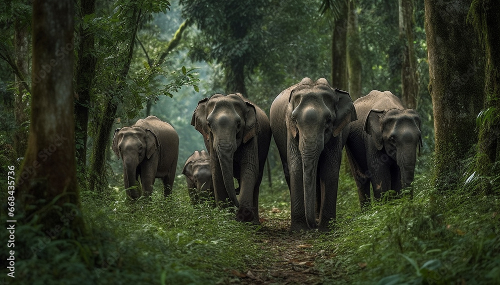 African elephant herd walking in lush green tropical rainforest generated by AI
