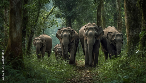 African elephant herd walking in lush green tropical rainforest generated by AI © Stockgiu
