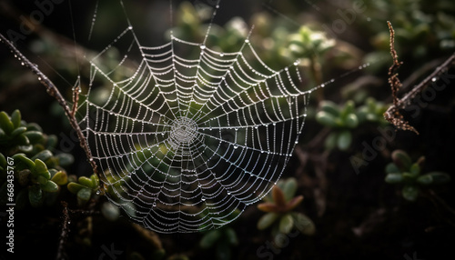 Spinning web traps dew drop on spider intricate thread pattern generated by AI