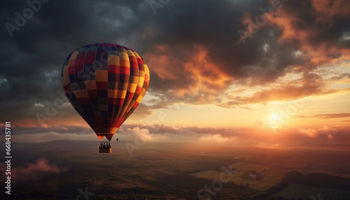 Multi colored hot air balloon flying high up in the sky generated by AI © Stockgiu
