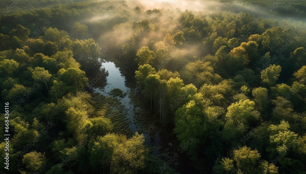 Tranquil scene of mountain peak at dawn, surrounded by forest generated by AI Tranquil scene of mountain peak at dawn, surrounded by forest generated by AI