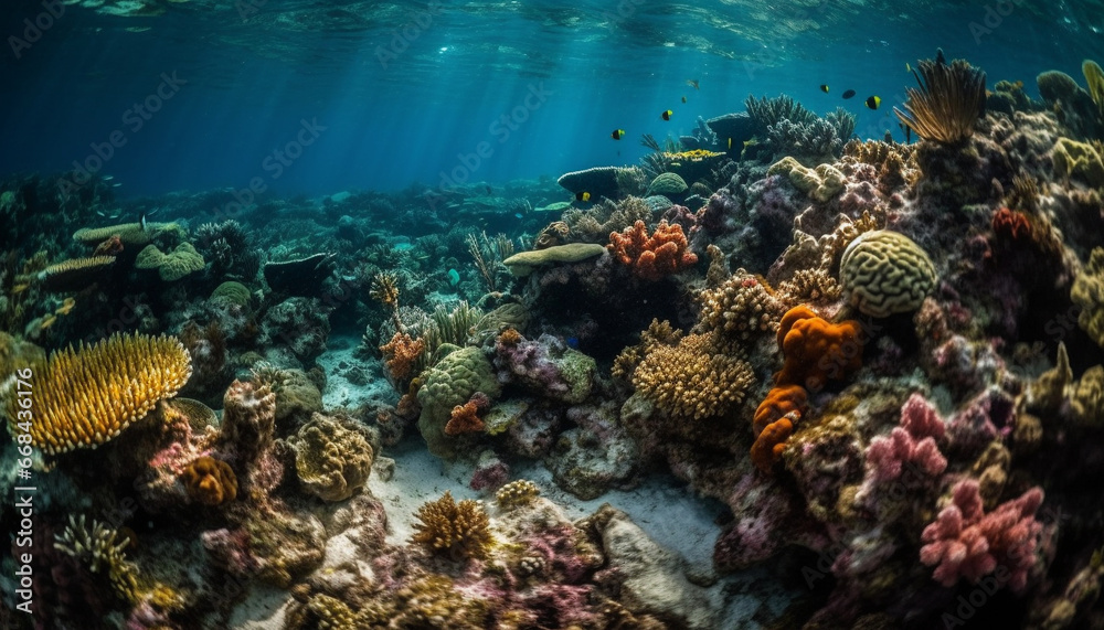 Fototapeta premium Multi colored fish swim in natural beauty of tropical reef landscape generated by AI
