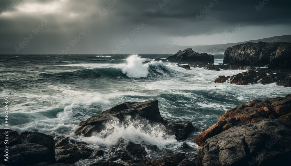 Rough coastline, crashing waves, dramatic sky nature awe inspiring beauty generated by AI