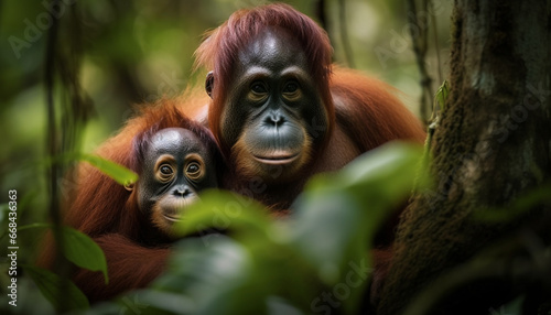Close up portrait of cute orangutan sitting in tropical rainforest generated by AI