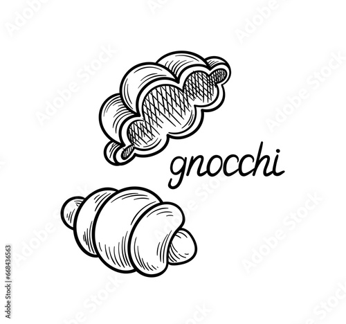 Pasta line concept. Gnocchi shape of macaroni. Traditional italian cuisine and kitchen. Homemade traditional eating. Linear flat vector illustration isolated on white background