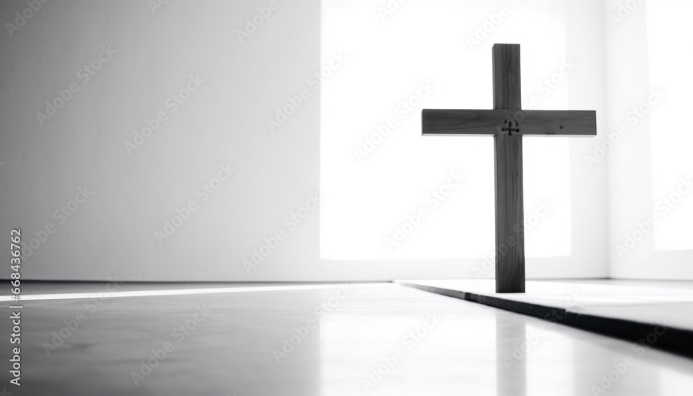 Cross silhouette symbolizes spirituality in modern Christianity apartment design generated by AI
