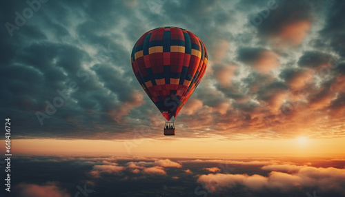 Multi colored hot air balloon floats mid air in vibrant sky generated by AI © Stockgiu