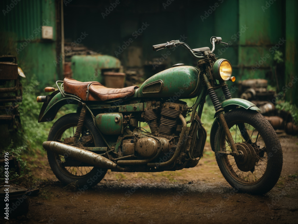 vintage rusty green motorcycle in the junkyard