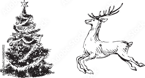 SET OF Illustration of Merry Christmas, Christmas Tree and Reindeer