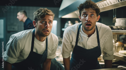Worried Chefs, panic during kitchen service, Nervous chefs, dinner service