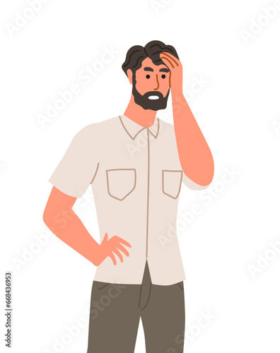 Pensive person concept. Thoughtful man. Facial expressions and gestures, emotions. Sticker for social networks and messengers. Cartoon flat vector illustration isolated on white background