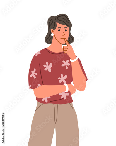 Pensive person concept. Thoughtful young girl. Facial expressions and gestures, emotions. Woman in casual cothes. Template and layout. Cartoon flat vector illustration isolated on white background