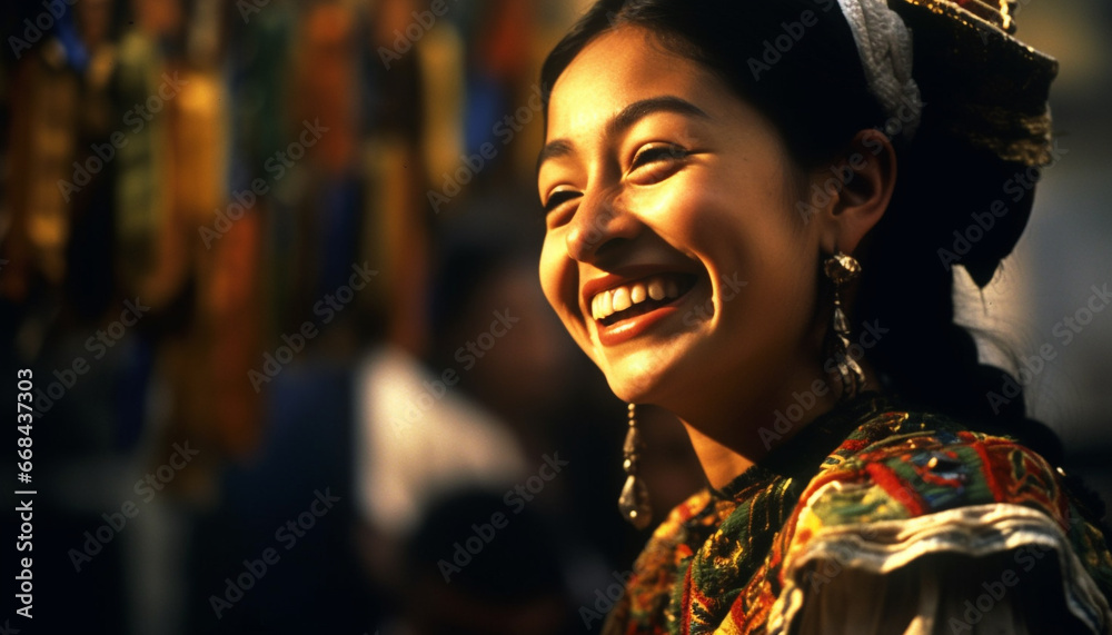 A young woman smiling, enjoying traditional festival outdoors, looking confident generated by AI