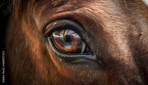 Close up portrait of a cute horse grazing in the meadow generated by AI © Jemastock