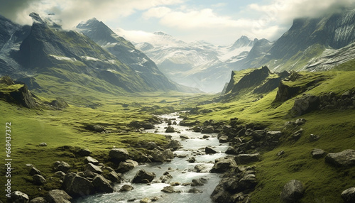 Majestic mountain peak, tranquil meadow, flowing water, serene landscape generated by AI