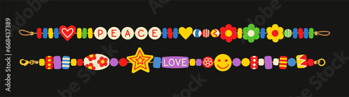 Plastic bracelets set. Accessory and decoration. Multicolored symbols on rope. Back to 80s and 90s. Graphic element for website. Cartoon flat vector collection isolated on black background