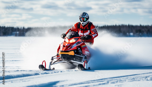 Men driving snowmobiles in a winter race, full of excitement generated by AI © Jemastock