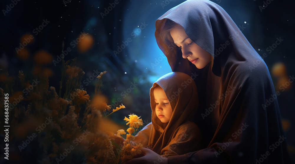 A mother in a robe holding her little child. A child learns about nature by looking at flowers A mother in a robe holding her little child. A child learns about nature by looking at flowers