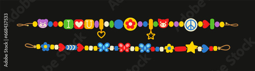 Plastic bracelets set. Accessory and decoration. Multicolored symbols on rope. Fashion, trend and style of 80s and 90s. Cartoon flat vector collection isolated on black background