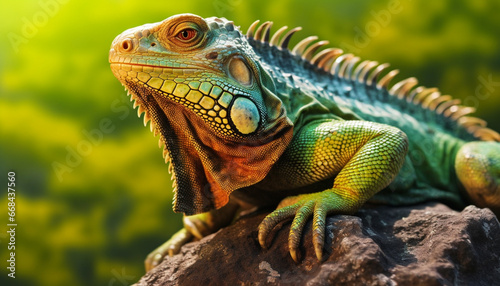 A cute iguana in the tropical rainforest, looking at the camera generated by AI © Jemastock