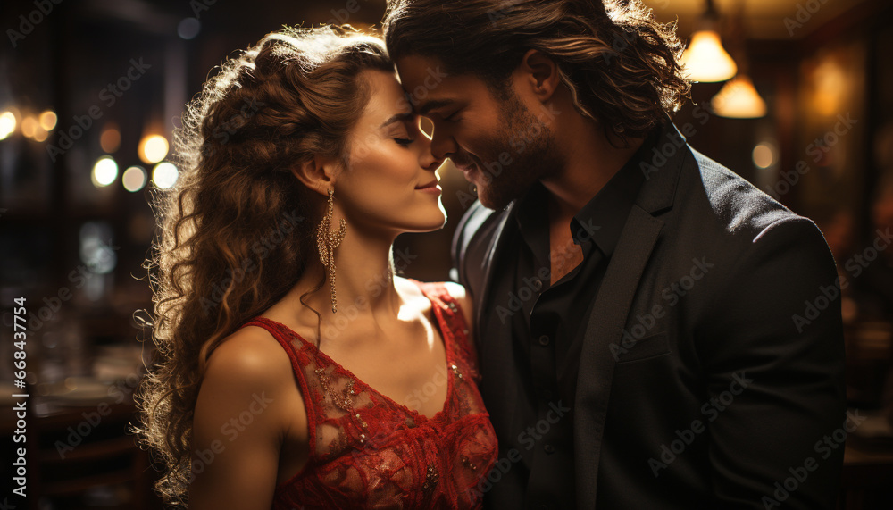 A loving couple embraces, smiling, enjoying their beautiful wedding night generated by AI A loving couple embraces, smiling, enjoying their beautiful wedding night generated by AI