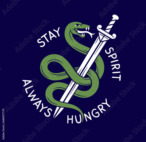 Rock print for tattoo. Snake with sword and inscription stay spirit. Retro style, back to 80s and 90s. Poster or banner. Cartoon flat vector illustration isolated on blue background