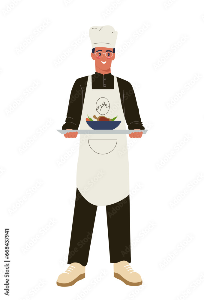 Person of various profession concept. Cook and chief with tray. Man in white hat and apron. Cafe and restaurant, catering staff. Cartoon flat vector illustration isolated on white background Person of various profession concept. Cook and chief with tray. Man in white hat and apron. Cafe and restaurant, catering staff. Cartoon flat vector illustration isolated on white background