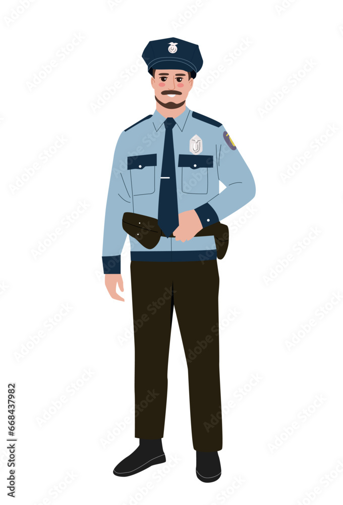 Person of various profession concept. Policeman with pistol. Man in blue police uniform. Security and safety, guard. Cartoon flat vector illustration isolated on white background Person of various profession concept. Policeman with pistol. Man in blue police uniform. Security and safety, guard. Cartoon flat vector illustration isolated on white background