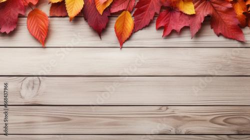 Red maple leaves on light wooden background, Cozy Autumn, Fall season, Copy space. Generative AI