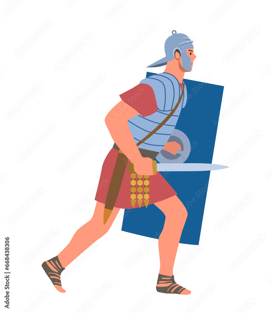 Ancient rome person. History and culture. Man with sword and shield in armor. Gladiator and warrior. Social media sticker. Cartoon flat vector illustration isolated on white background