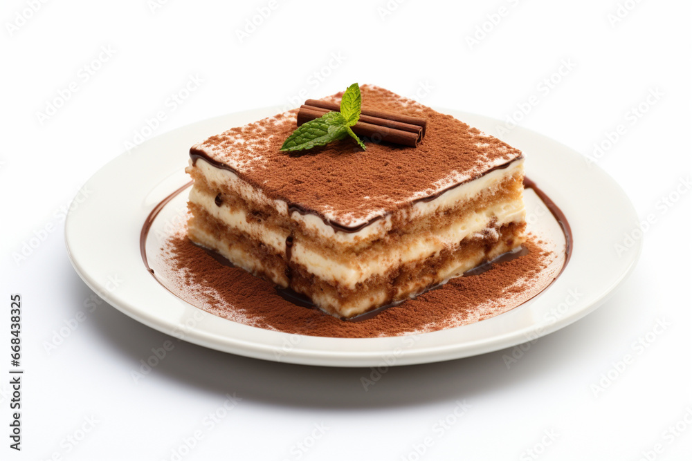 a plate of tiramisu cake with chocolate powder topping