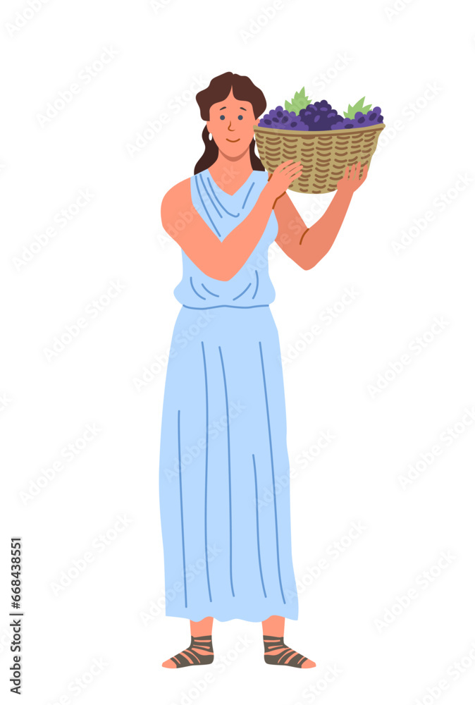 Ancient rome person. History and culture. Woman in blue dress with grape in basket. Servant and slave. Template and layout. Cartoon flat vector illustration isolated on white background Ancient rome person. History and culture. Woman in blue dress with grape in basket. Servant and slave. Template and layout. Cartoon flat vector illustration isolated on white background