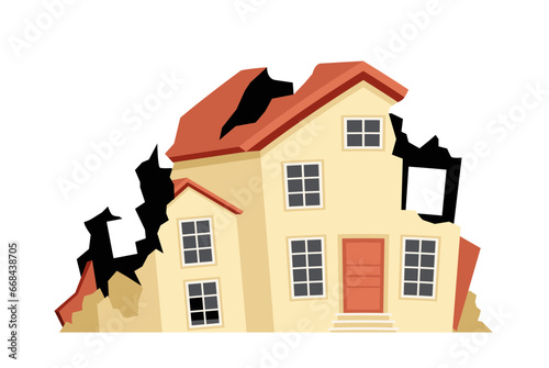 Ruined cracked building. Beige home after disaster and catastrophe. Template and layout. Demolition and collapse in city. Cartoon flat vector illustration isolated on white background