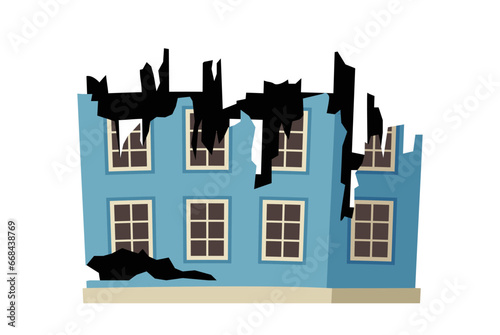 Ruined cracked building. Blue home after disaster and catastrophe. Broken house and cottage. Demolition and collapse, ruins. Cartoon flat vector illustration isolated on white background