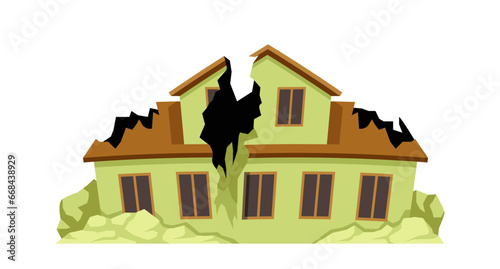 Ruined cracked building. Green home after disaster and catastrophe. Poster or banner. Demolition and collapse after war. Cartoon flat vector illustration isolated on white background