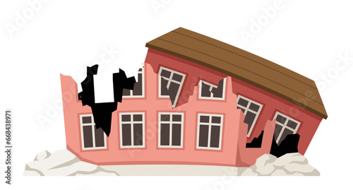 Ruined cracked building. Pink home after disaster and catastrophe. Social media sticker. Demolition and collapse. Cartoon flat vector illustration isolated on white background