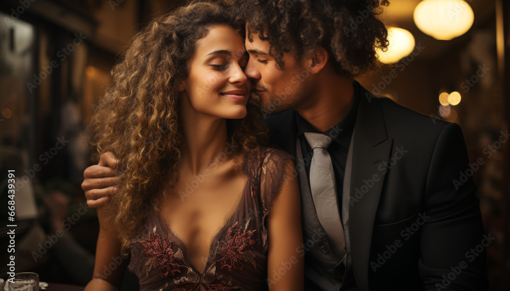 Young couple embracing, smiling, enjoying nightlife, in a nightclub generated by AI