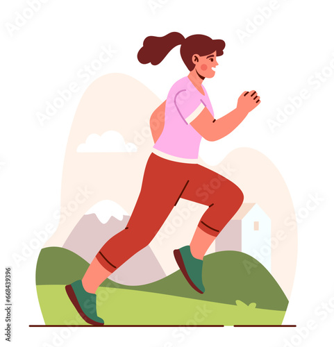 Running person outdoor. Woman in sportive uniform training. Active lifestyle and sports. Marathon runner and sprinter. Cartoon flat vector illustration isolated on white background