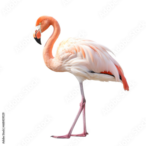 Side view of a red flamingo curled heart shaped neck and standing posture, Isolated on transparent background. 