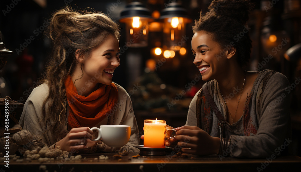 Two young women sitting at a table, smiling and enjoying coffee generated by AI