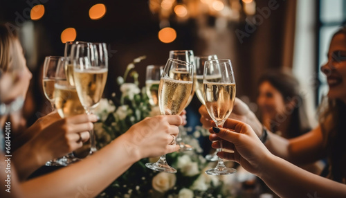 Young adults celebrating, toasting with champagne, enjoying party and friendship generated by AI